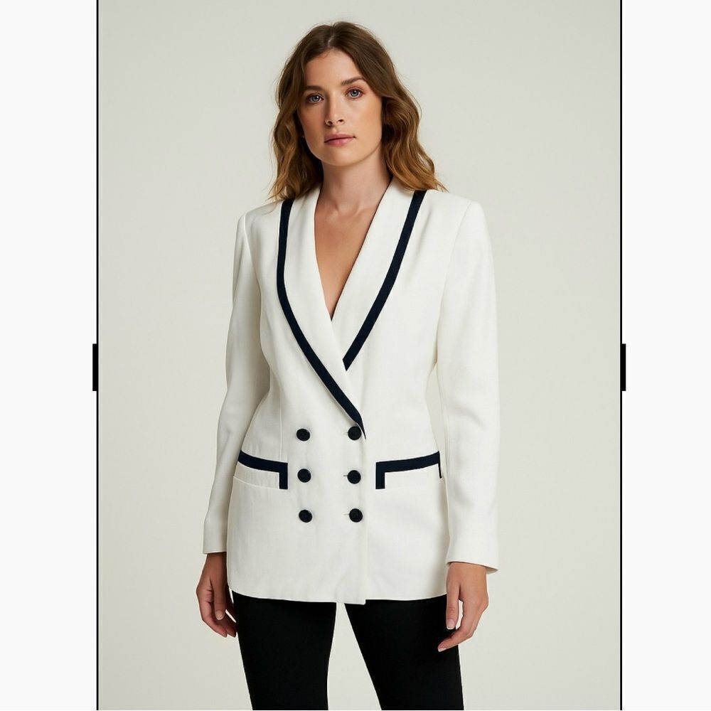 Vintage Jacqueline Ferrar Womens Blazer White Multi-Color Size 14 Viscose Blend